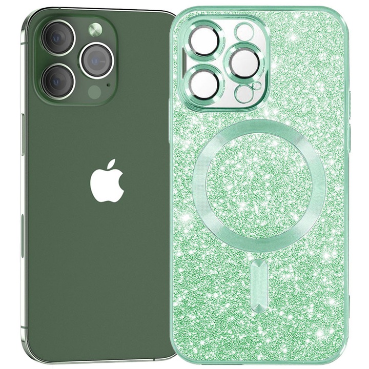Husa tip MagSafe pentru Apple iPhone 13 Pro Max, Glitter MagCase, Sclipici integrat, Protectie lentile camere, Rama electroplacata, Accente metalizate, Margini ridicate, Incarcare wireless, Magnetica, Verde deschis