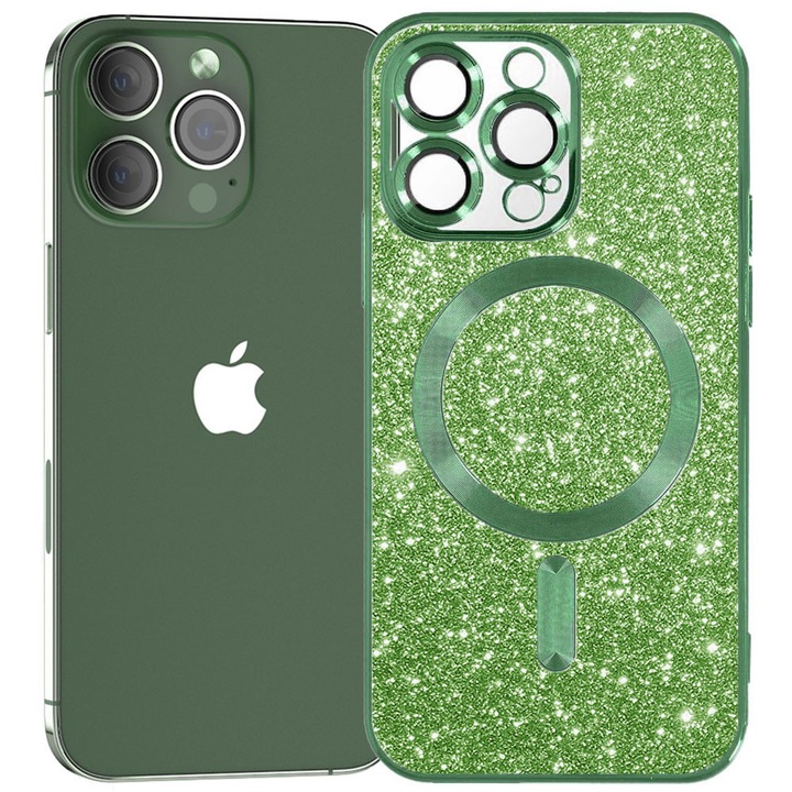 Husa tip MagSafe pentru Apple iPhone 13 Pro Max, Glitter MagCase, Sclipici integrat, Protectie lentile camere, Rama electroplacata, Accente metalizate, Margini ridicate, Incarcare wireless, Magnetica, Verde inchis