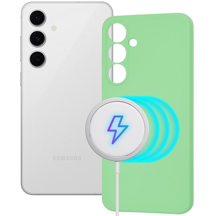 Husa pentru Samsung Galaxy S24 FE, Magnetic Color Shield, Silicon, Interior de microfibra, Suprafata aderenta, Atasare magnetica, Compatibila incarcare wireless, Regular Fit, Antisoc, Verde deschis