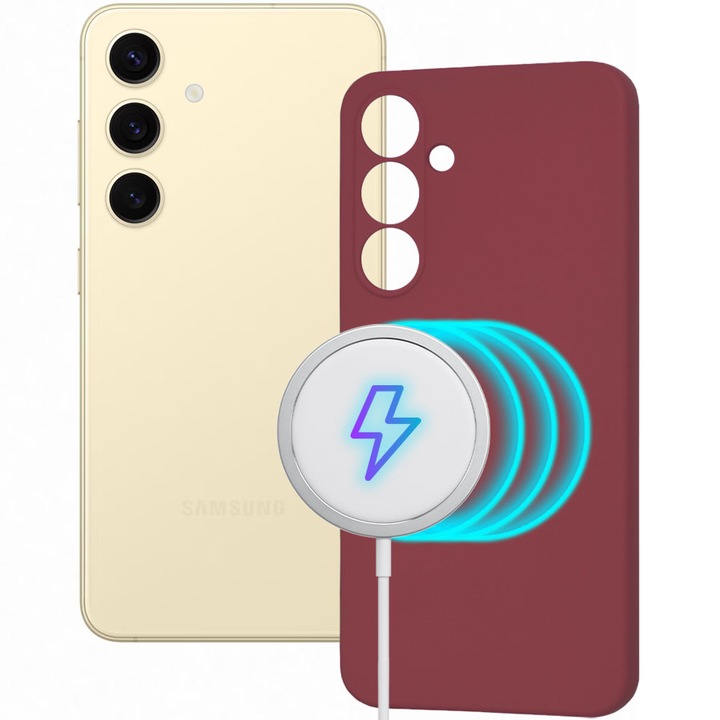 Husa pentru Samsung Galaxy S24, Magnetic Color Shield, Silicon, Interior de microfibra, Suprafata aderenta, Atasare magnetica, Compatibila incarcare wireless, Regular Fit, Antisoc, Visiniu