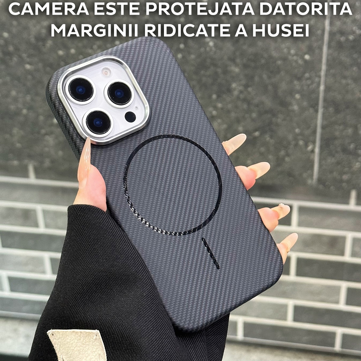 Husa pentru Apple iPhone 16 Pro Max DaDen® CarbonFiber, Magsafe integrat, Incarcare wireless, Calitate superioara, Antisoc, Fibra de carbon, Negru