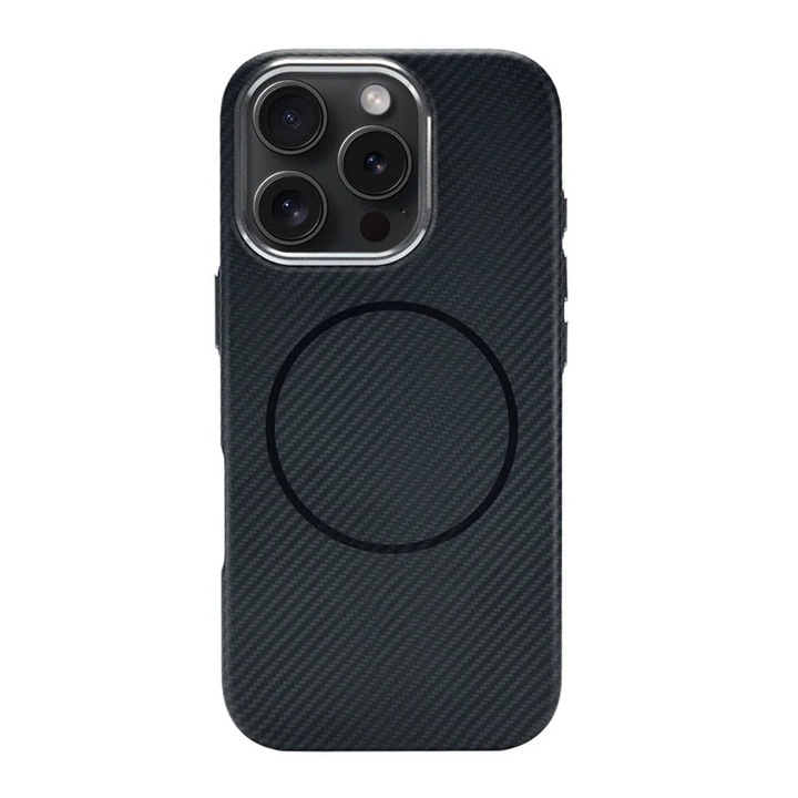 Husa pentru Apple iPhone 16 Pro Max DaDen® CarbonFiber, Magsafe integrat, Incarcare wireless, Calitate superioara, Antisoc, Fibra de carbon, Negru