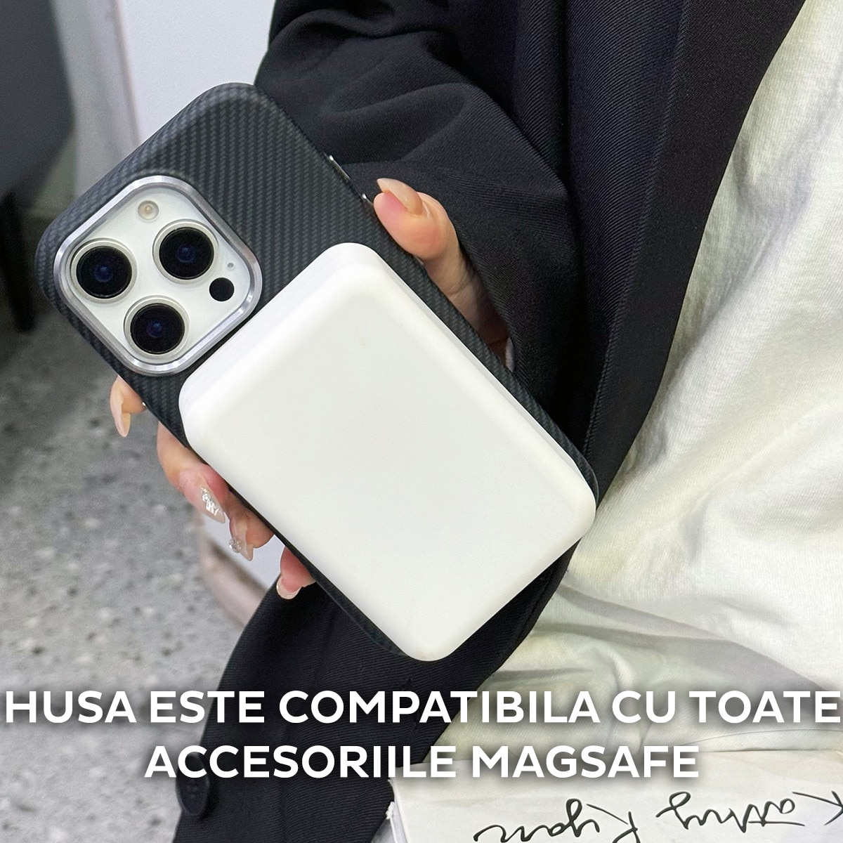 Husa pentru Apple iPhone 16 Pro Max DaDen® CarbonFiber, Magsafe integrat, Incarcare wireless, Calitate superioara, Antisoc, Fibra de carbon, Negru