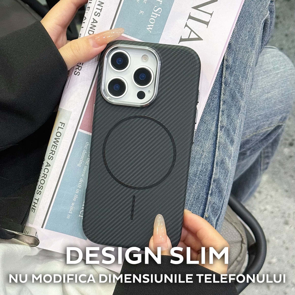 Husa pentru Apple iPhone 16 Pro Max DaDen® CarbonFiber, Magsafe integrat, Incarcare wireless, Calitate superioara, Antisoc, Fibra de carbon, Negru