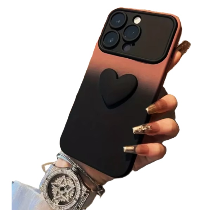 Telefontok, Iphone 16 kompatibilis, ütésálló, TPU-ból, ombre mintával 3D szívvel, bézs-fekete szín