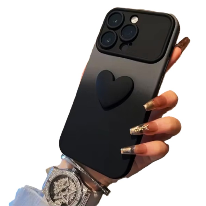 Telefontok, Iphone 16 kompatibilis, ütésálló, TPU-ból, ombre mintával 3D szívvel, szürke-fekete szín