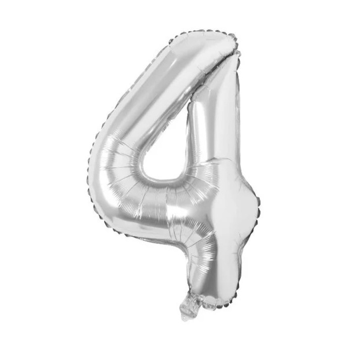 Balon folie cifra 4, argintiu, petrecere aniversare, 100 cm, Wow Shop Online