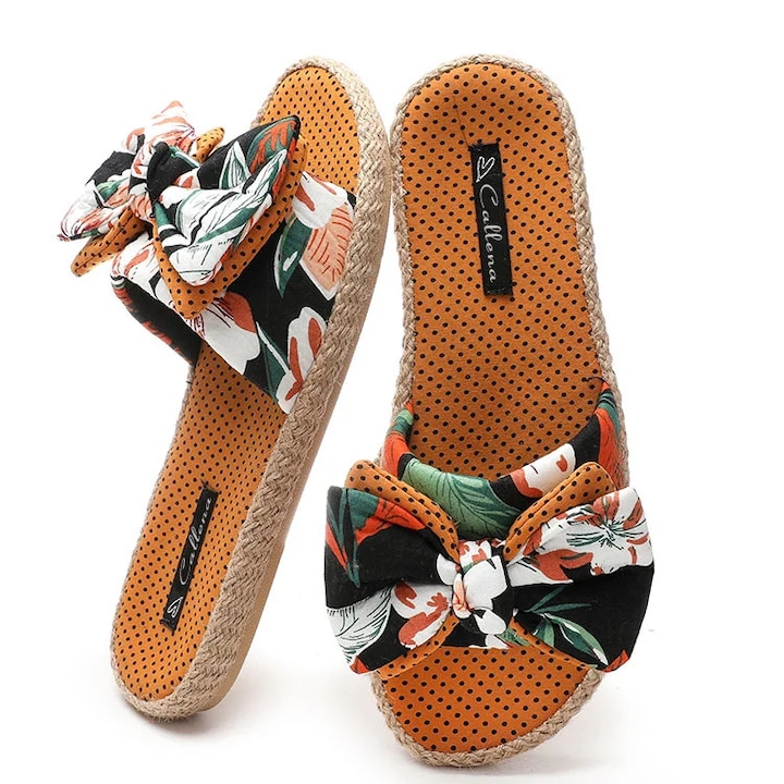 Papuci dama casual, comozi, cu platforma joasa, fundita si imprimeu floral, Portocaliu, 37