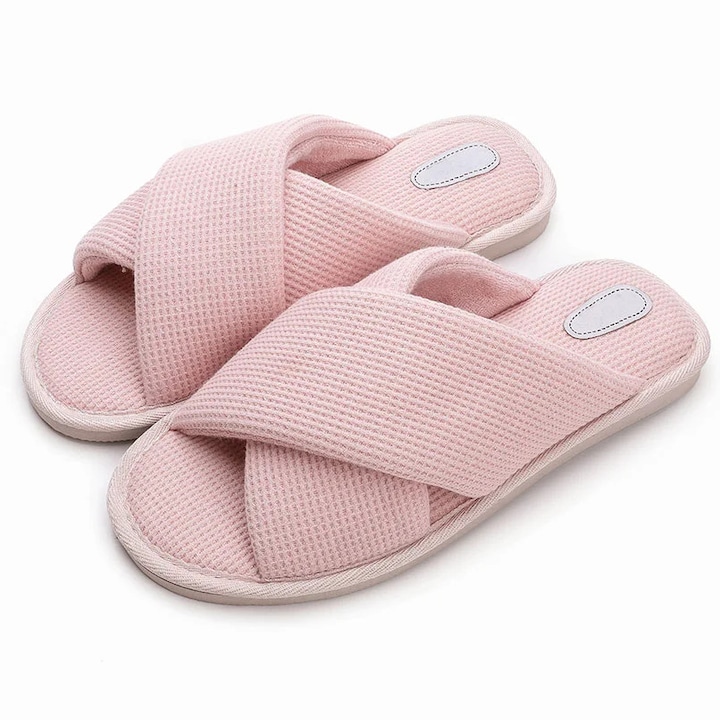 Papuci dama de interior, elegant, cu barete incrucisate, textura waffle, captusiti, talpa antiderapant, Roz, 38