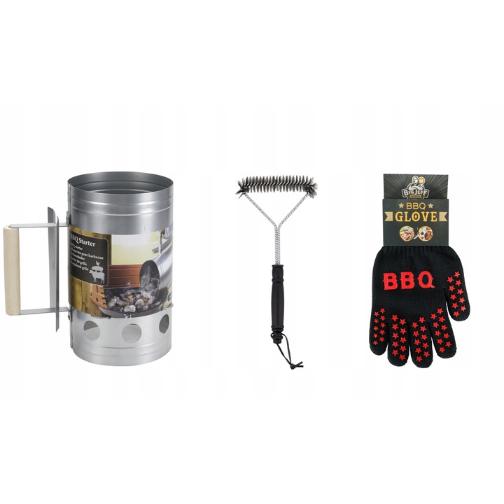 Set 3 piese pentru gratar, BBQ, starter carbuni, manusa termorezistenta, perie curatare, argintiu, 27.5x16cm, 28x18cm, 30x17cm
