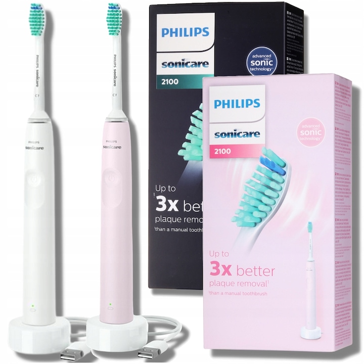 Комплект от 2 електрически четки за зъби Philips Sonicare, HX3651, функция таймер, 2 резервни глави, 2 зарядни устройства, бяло/розово