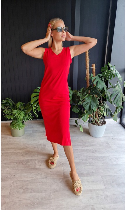 Rochie de vara, Och Bella, midi, rosu, tricotata, decolteu in V, bretele late