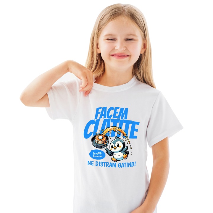 Gyerek póló pingvin a konyhában, palacsintasütő szöveggel Palacsintát készítünk Szórakozunk Édes ételek főzésével, elején nyomattal, 100% pamut, fehér, 4 év