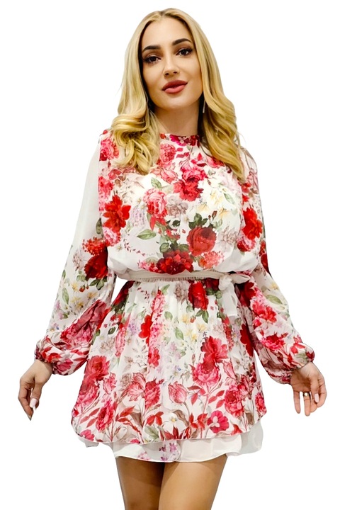 Rochie scurta eleganta StarFlow, cu jupa asimetrica si cordon in talie, Rosu floral, Marime universala S/M