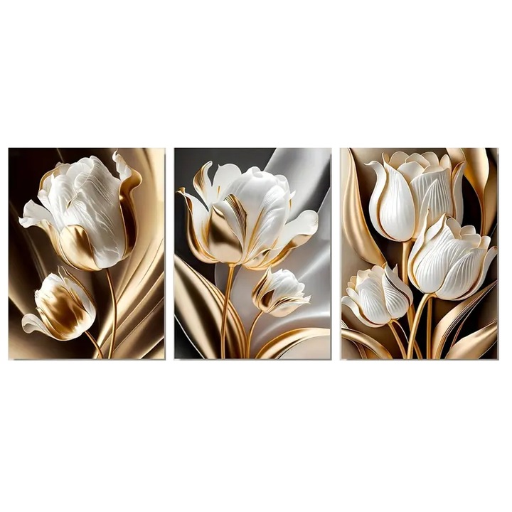 Tablou Canvas 90x40 cm, 3 bucati, Flori Black & Gold, pentru living, dormitor, sasiu de lemn
