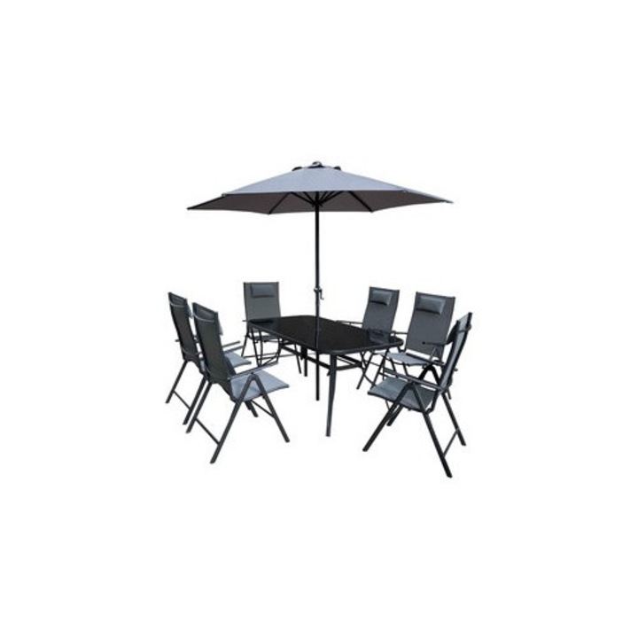 Комплект градински мебели, Кортона, 6 сгъваеми стола, маса с отварящ се чадър, 150 x 90 x 71 см, сив