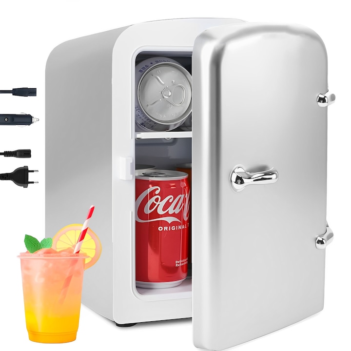 Mini Frigider Auto pentru Insulina, Bauturi, Produse cosmetice, BYONDSELF®, 4L, cu Mufa pentru Bricheta si Maner, Functia De Incalzire Si Racire, 18.5×25×27 cm, 42W, Argintiu