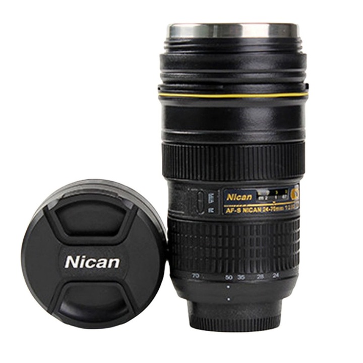 Cana multifunctionala Enforose, replica obiectiv camera, inox, ecologic, 350ml