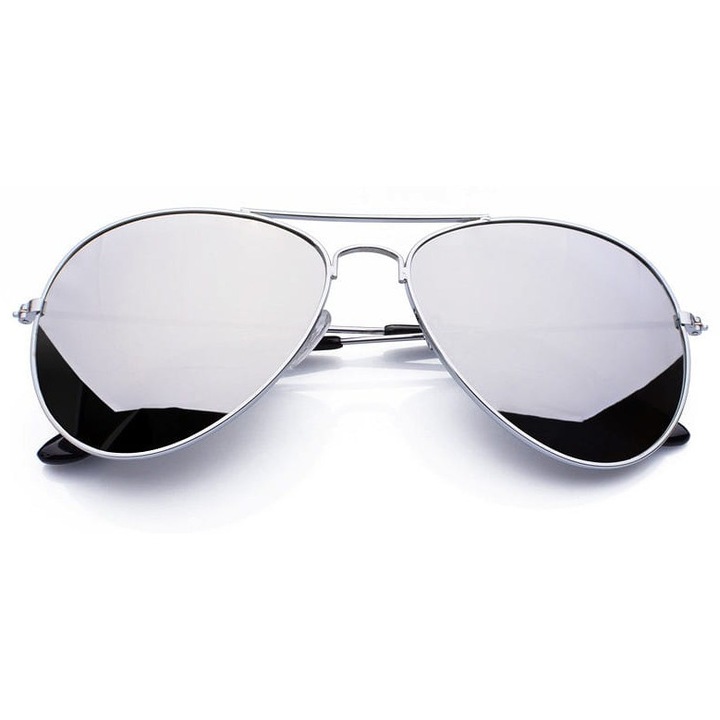 Ochelari de soare aviator, lustranti, argintii, set cu etui si stergator, dimensiuni 13.3x5.0cm
