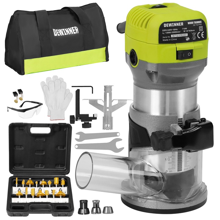 Masina de frezat DEWINNER, 710W, 13000-33000RPM, 6 trepte viteza, verde, 15 Taietor de frezare, 6/8 mm diametru bucsa prindere, Cu geanta de transport si ochelari de protectie