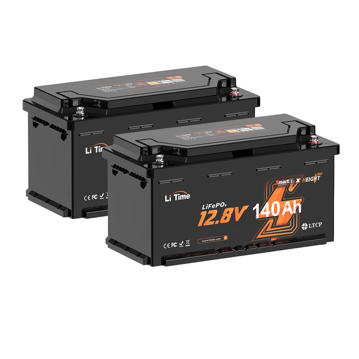 Set 2 baterii solare Li Time, 12V, 140Ah, LiFePO4, Bluetooth, 1920W, protectie IP65, negru