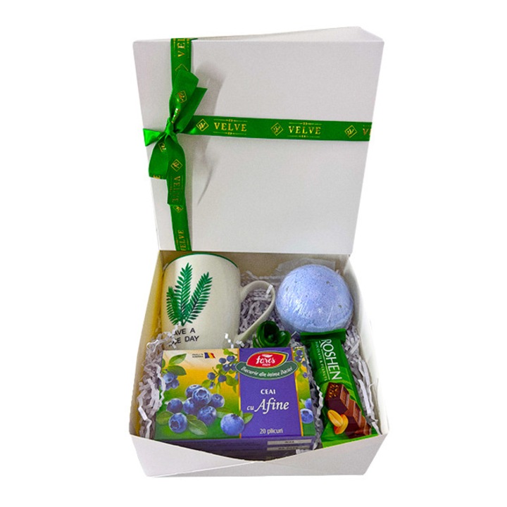 Pachet cadou Nice Day, cana ceramica cu mesaj, bomba spumanta, ceai de Afine Fares 20 de plicuri, ciocolata Roshen 30g, in cutie, 19x19x9 cm, Velve