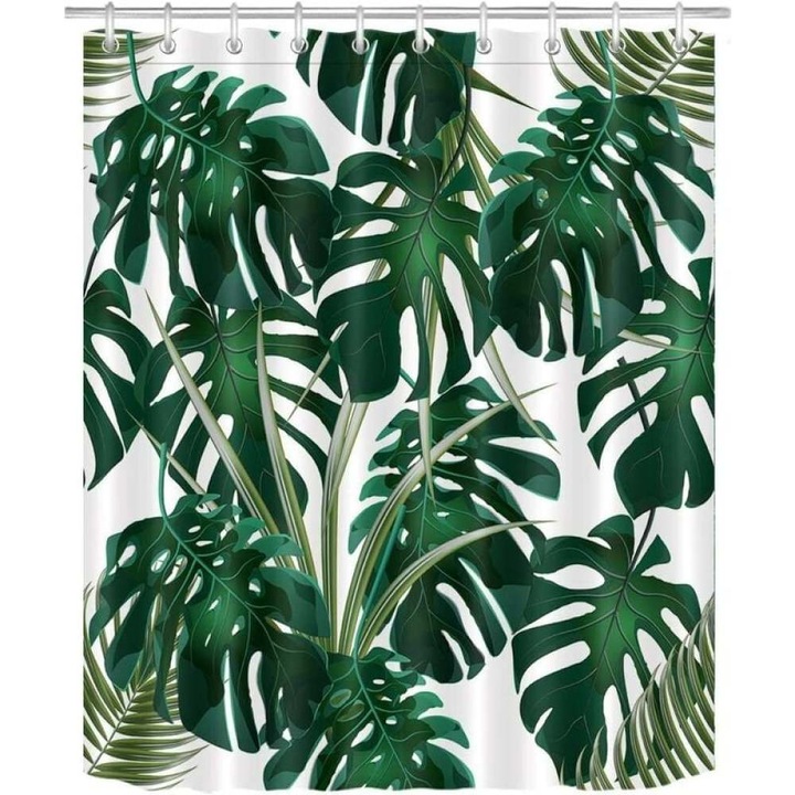 Cortina de dus tropicala 3D, AMRINUGL, imprimeu cu frunze de bananier Monstera, impermeabila, 180x180cm