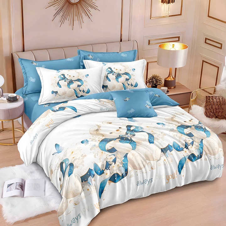 EmonaMall S17917 ágyneműgarnitúra, gumis, kétoldalas, 4 párnahuzat, 6 részes, fehér/kék