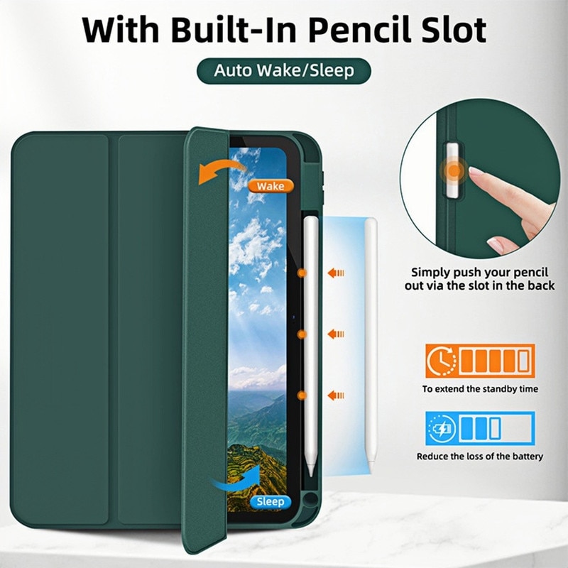 Husa tableta Tri-Fold pentru iPad Air 11" (2024), design polar black, material PC, slot pentru Apple Pencil, protectie socuri