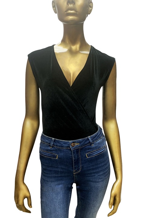 Bluza dama ETAM T Velour, Maneca scurta, Tip corp, Decolteu in V, Catifea, Negru