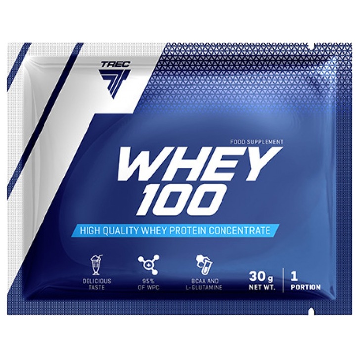 Supliment alimentar, Trec Nutrition Whey 100 Concentrat proteic din zer de inalta calitate cu Immuno Shield, Vanilie, 30 de grame