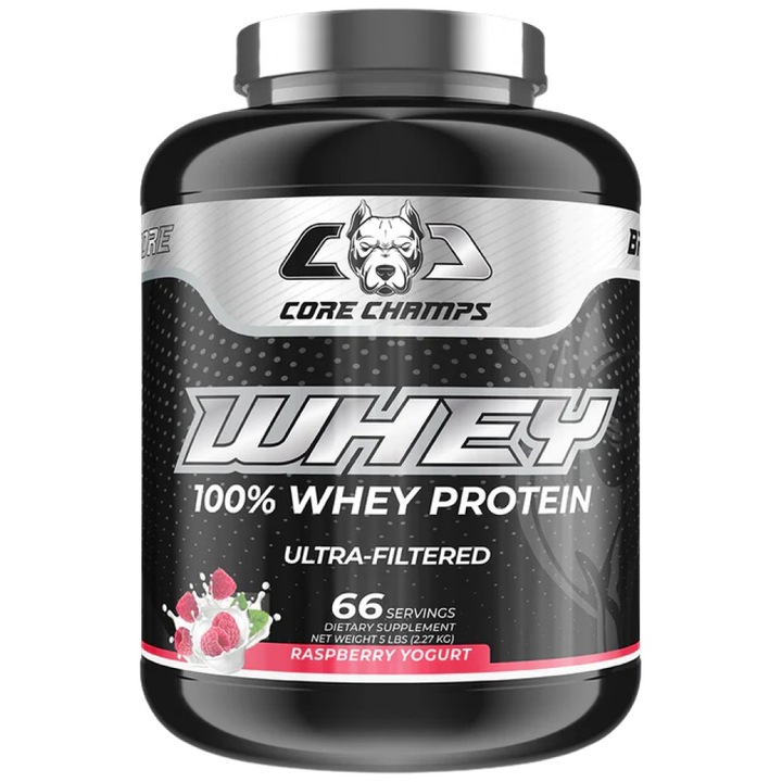 Supliment alimentar Core Champs de Kai Greene Whey Protein 100% Ultra Filtered Whey, Zmeura cu Iaurt, 2270 grame