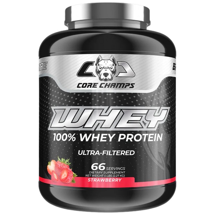 Supliment alimentar Core Champs de Kai Greene Whey Protein 100% Ultra Filtered Whey, Capsuni, 2270 grame