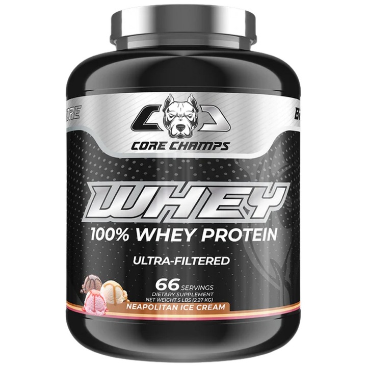 Supliment alimentar Core Champs de Kai Greene Whey Protein 100% Ultra Filtered Whey, Inghetata napolitana, 2270 grame