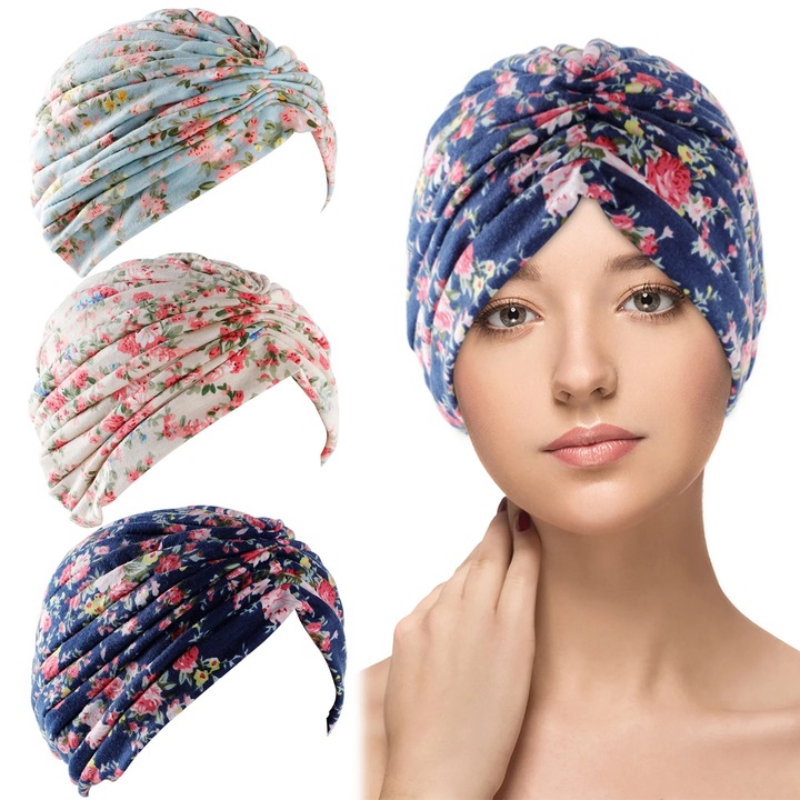 Set 3PCS Caciuli Turban pentru Femei, Pre-legat, Multicolor, Elastic, Caciula pentru Cancer/Chemo
