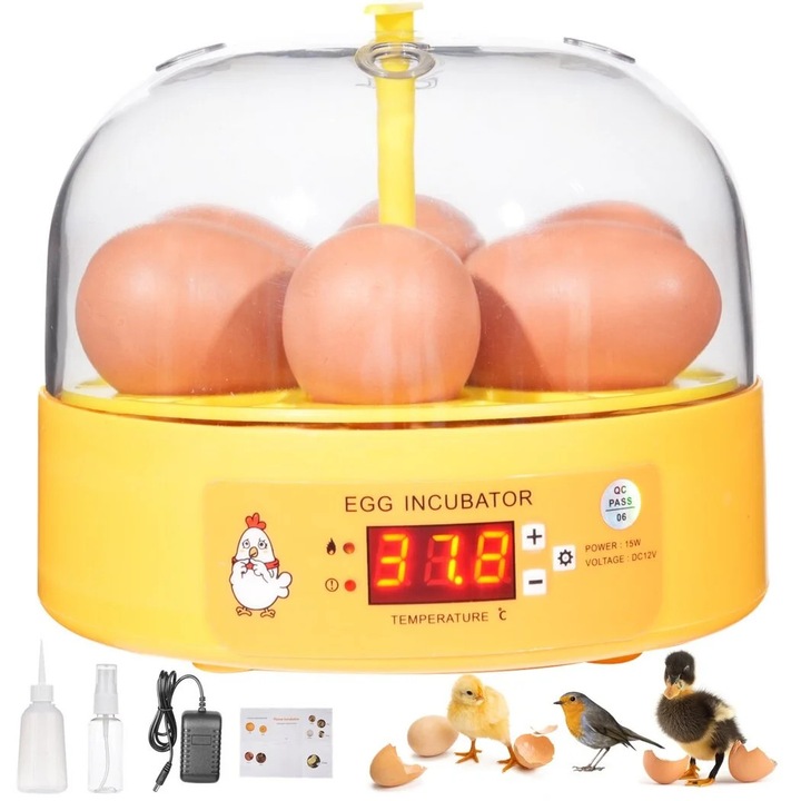 Incubator oua mic, 6 oua, galben, 6.3x4.9in, set complet cu adaptor de alimentare, cutie de spuma, sticla de spray, sticla de injectie, manual utilizare