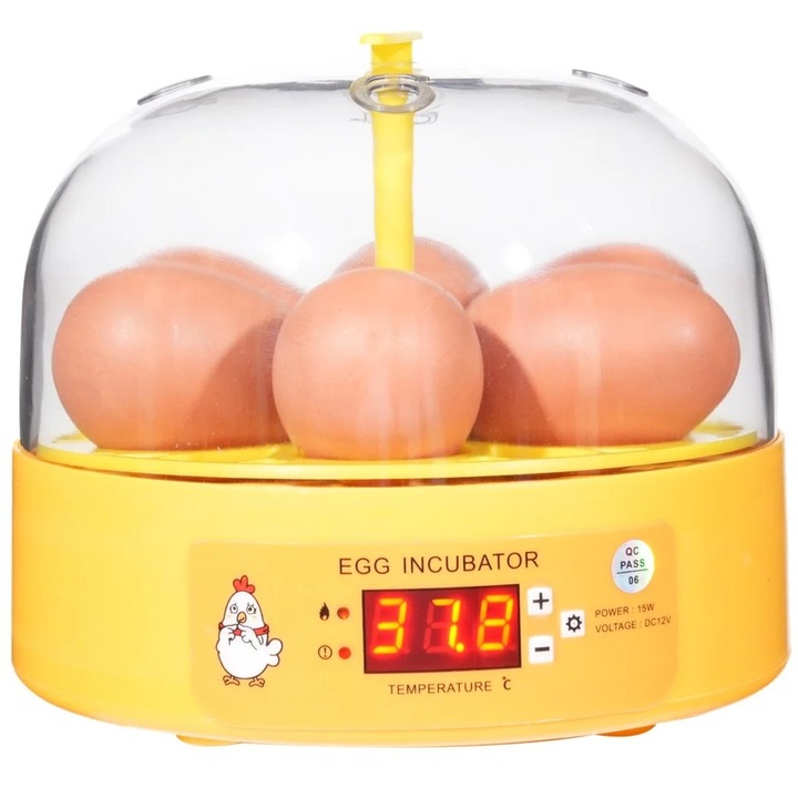Incubator oua mic, 6 oua, galben, 6.3x4.9in, set complet cu adaptor de alimentare, cutie de spuma, sticla de spray, sticla de injectie, manual utilizare