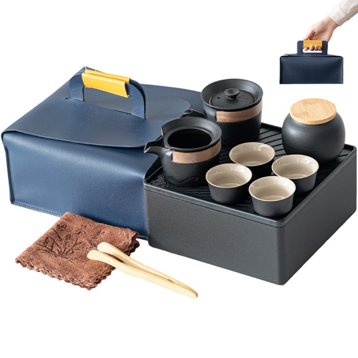 Set de Ceai din Portelan, Piduules, 8 Piese, 1 Ceainic, 4 Cesti, 1 Recipient Ceai, 1 Geanta de Calatorie, 1 Cupa Gongdao, Potrivit pentru Colectarea de Cadouri Ceai de Birou in Aer Liber, Multicolor