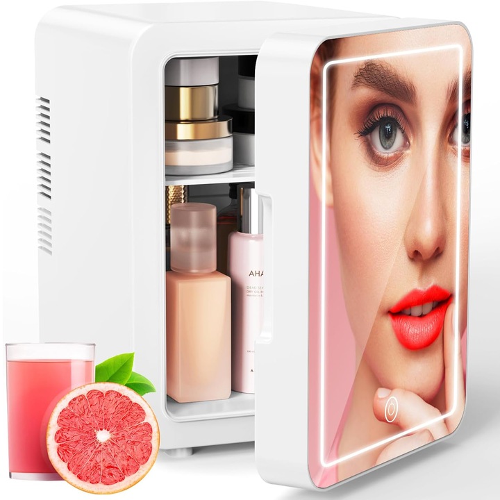 Mini Frigider Cosmetic cu Functii Duble de Incalzire/Racire, Estanny, Portabil, cu Oglinda Cosmetica LED, Cablu de Alimentare pentru Casa/Masina, luminozitate cu Trei Lumini, 6L, Alb