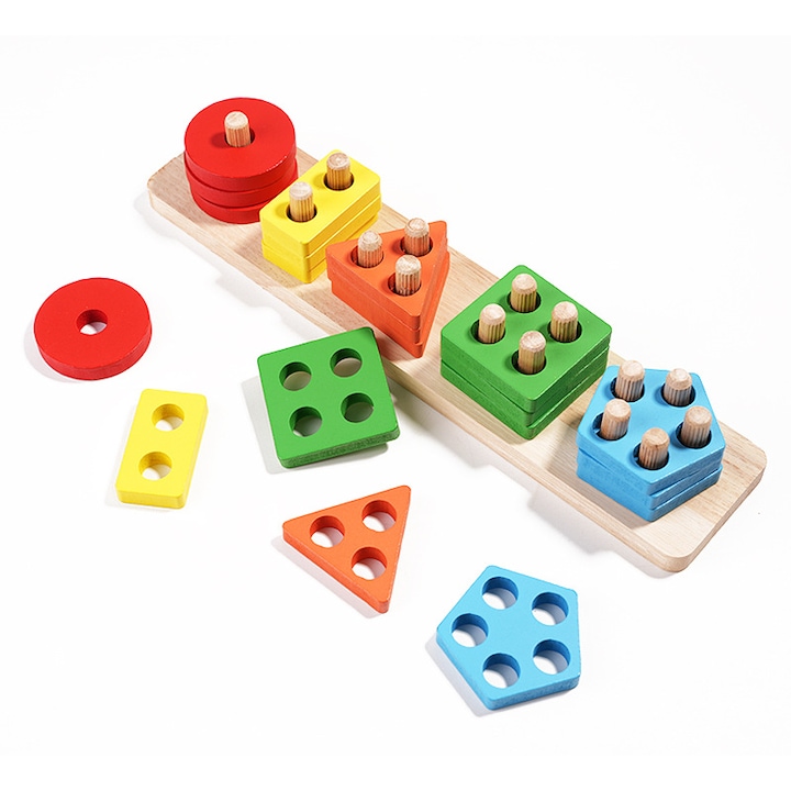 Jucarie Educativa Montessori - Sortator Forme si Culori, 20 Piese din Lemn Puzzle Geometric, 5 Coloane de Sortare pentru copii de la 1 an si prescolari, Multicolor