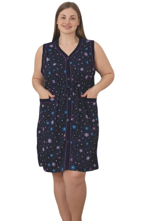 1Capot Dama cu Nasturi, Bumbac, Fara Maneca, Bleumarin inchis