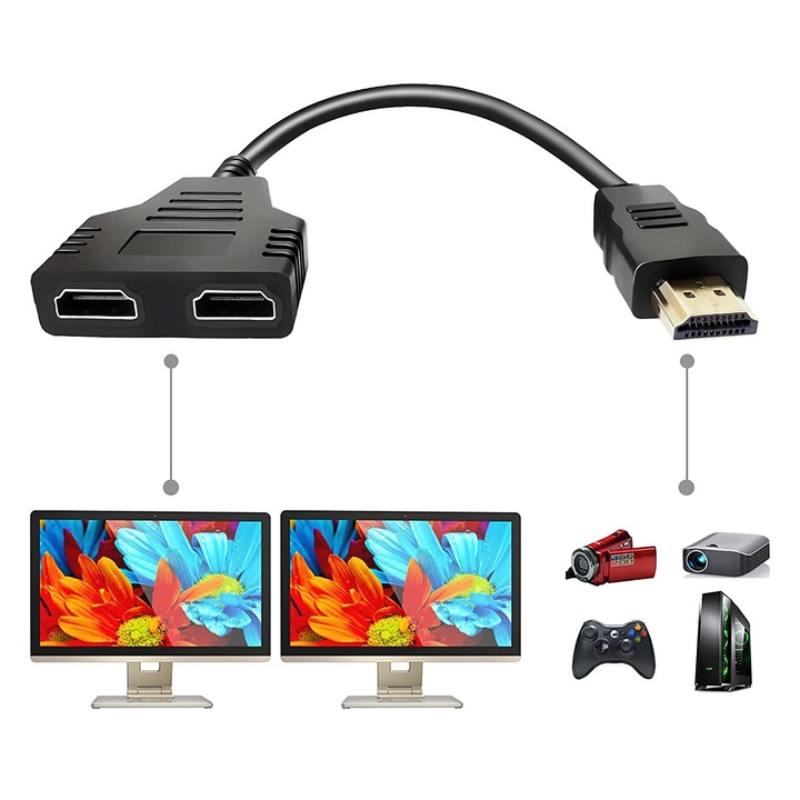 HDMI 1 към 2 адаптер, Pluokvzr, 30 см, златни конектори, ABS