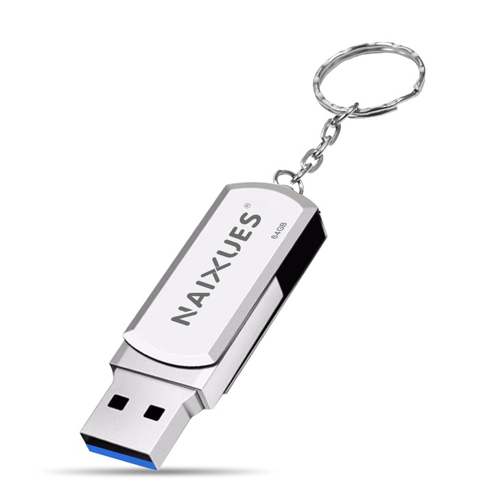 Stick Memorie USB 3.0, NAIXUES®, 64GB, High Speed, Backup fisiere, Argintiu