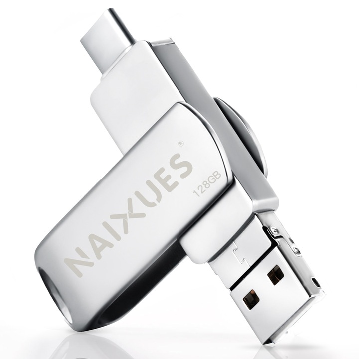 USB 3.0 pendrive, NAIXUES®, 128 GB, nagy sebességű, fájlmentésre alkalmas, 4 az 1-ben pendrive, Type-A/-C, Lightning, USB-A adapter, mobiltelefonokhoz, számítógépekhez és táblagépekhez, metál ezüst