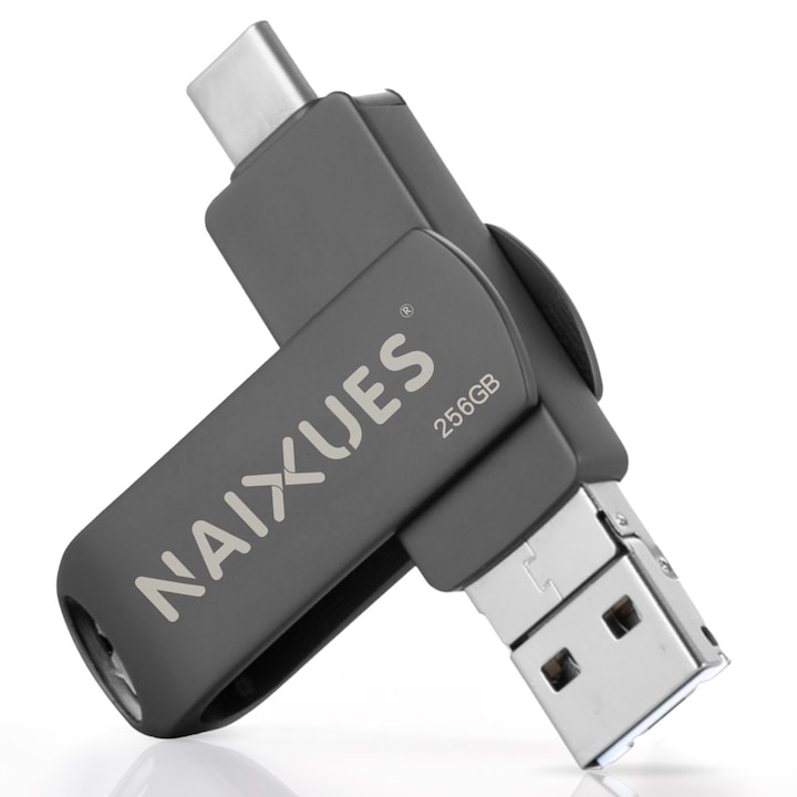 USB 3.0 pendrive, NAIXUES®, 256 GB, nagy sebességű, fájlmentésre alkalmas, 4 az 1-ben pendrive, Type-A/-C, Lightning, USB-A adapter, mobiltelefonokhoz, számítógépekhez és táblagépekhez, fekete-szürke