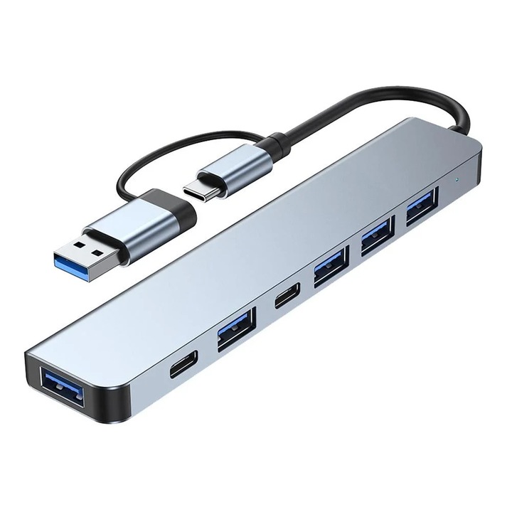 YANYXR 8 az 1-ben USB hub, ezüst, 12.5cm, ABS-alumínium