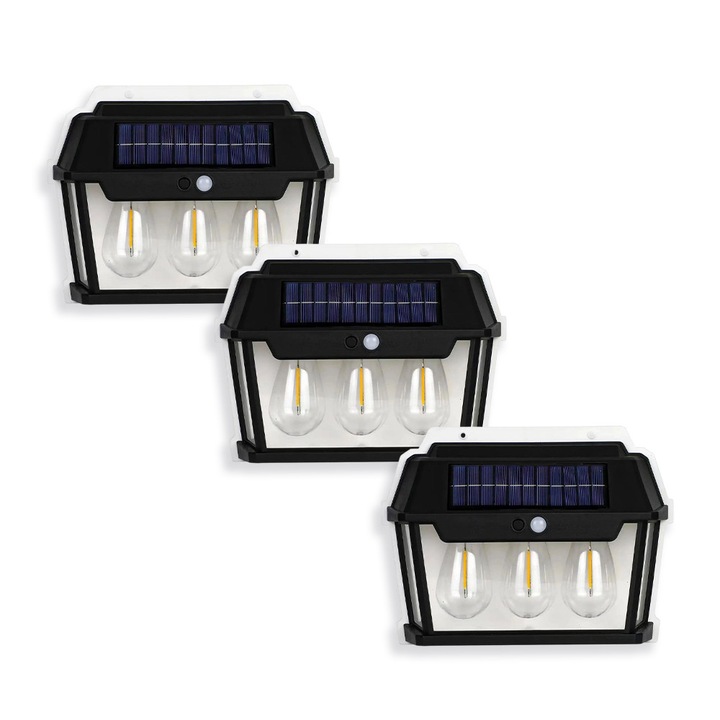 Комплект от 3 x 3W осветителни тела, ОПТИМАЛНО РЕШЕНИЕ, Слънчево зареждане, Таван, Монтаж на стена, 220V, Автономност, Тип LED светлина, За двор, Градина, Топъл / Студен цвят на светлината, Енергийна ефективност, IP65, Черен