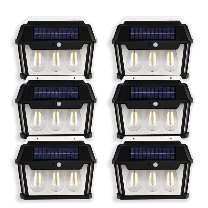 Комплект от 6 x 3W осветителни тела, Optim Solution, Слънчево зареждане, Таван, Монтаж на стена, 220V, Автономност, Тип LED светлина, За двор, Градина, Топъл / Студен цвят на светлината, Енергийна ефективност, IP65, Черен