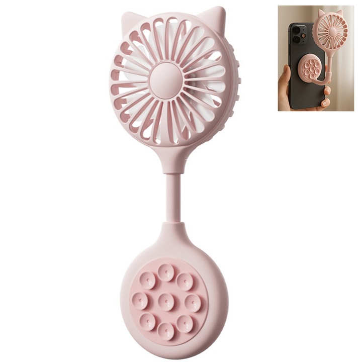 Вентилатор, преносим, 3 скорости, с вендуза, сгъваем за лесно съхранение, закрепва се към телефони и таблети за охлаждане, розов