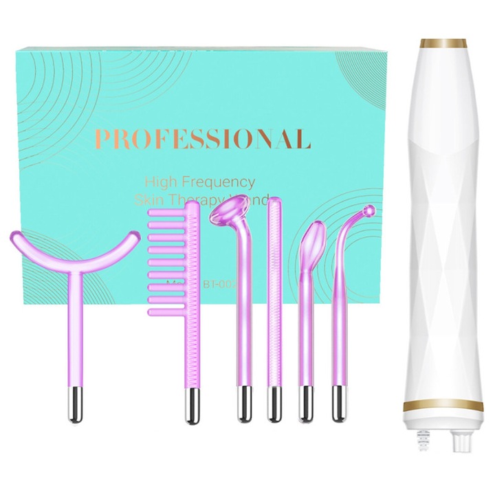 Aparat Electroderm pentru tratament cosmetic，portabil, Klenzo® Tehnologie cu Argon de Inalta Frecventa si 6 ，Tratament cu Frecventa Inalta pentru Acnee，Riduri, Ten, Par Seboreic, Stimulator Scalp, Controlul Petelor, Biostimulare Faciala, Lifting, Alb/Mov